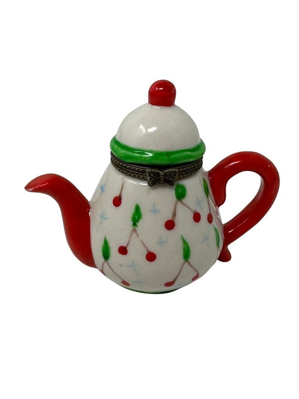 Vintage Mini Teapot Trinket Box Red Green Ceramic Hinged Cherry Holiday Decor